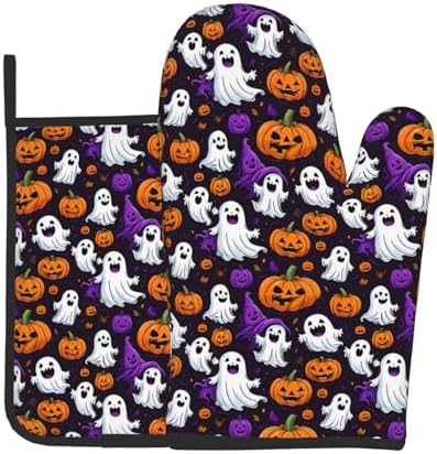 Halloween Ghost Pumpkin Oven Mitts Pot Holders - Heat-Resistant Gloves for Cooking