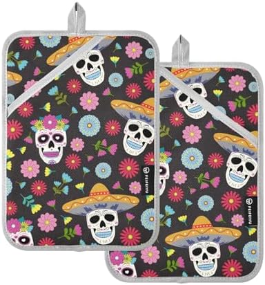 Day of the Dead Potholder Set - Heat-Resistant Oven Mitts