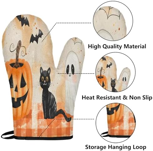 TropicalLife Halloween Black Cat Ghost Oven Mitts and Pot Holders Set