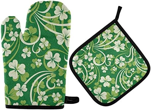 QUGRL Good Luck Clover Oven Mitts Pot Holders Sets Heat-Resistant Kitchen Gloves