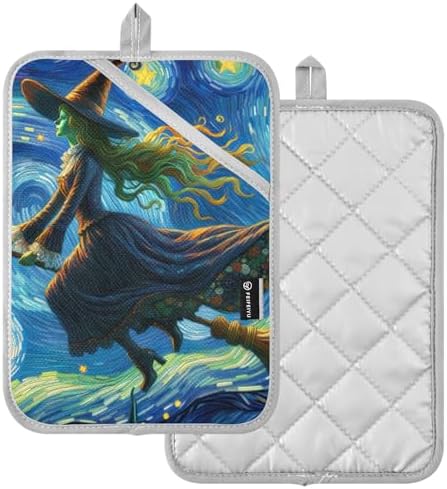 Joisal Halloween Witch Starry Night Oven Mitts Set of 2