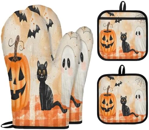 TropicalLife Halloween Black Cat Ghost Oven Mitts and Pot Holders Set