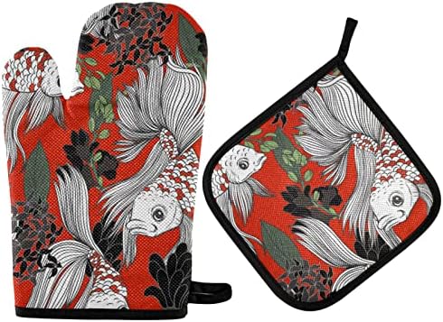 Exnundod Japanese Koi Carp Flowers Oven Mitts and Pot Holder Set