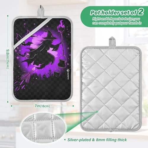 Halloween Purple Witch Bat Potholders 2 Piece Set