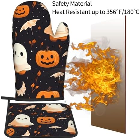 Premium Halloween Oven Mitts and Pot Holders Set for Baking BBQ