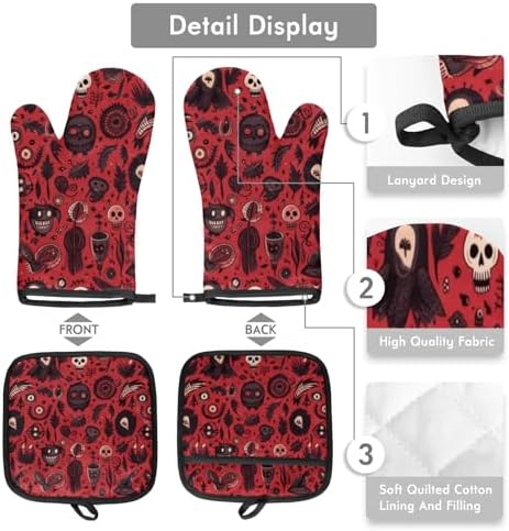 Halloween Skull Ghost Bat Oven Mitts Set of 2 for Chef
