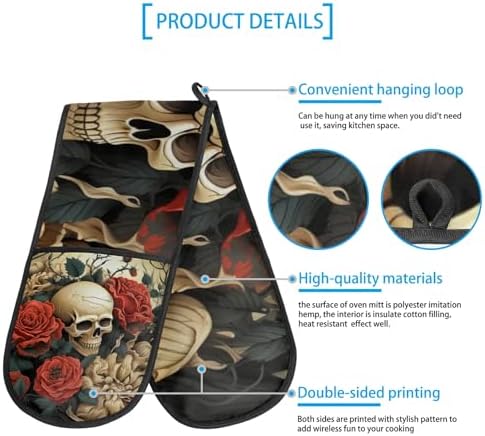 Halloween Red Rose Skull Double Oven Mitts Heat-Resistant Oven Gloves