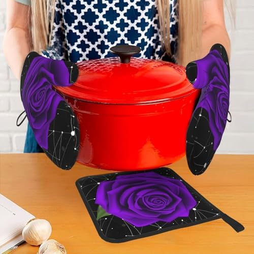 Oven Mitts Pot Holder Set of 3 Purple Rose Design