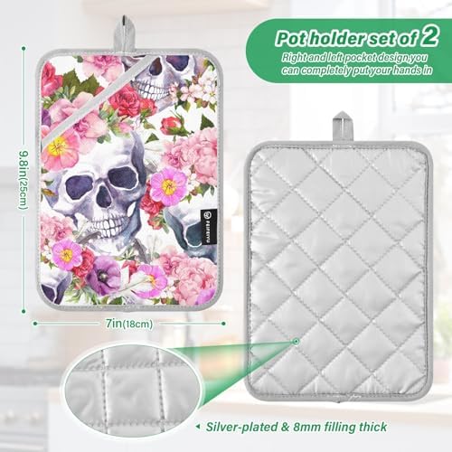 OurVii 2Pcs Summer Floral Skull Potholders with Pockets Non-Slip mitts Set