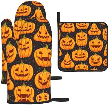 Halloween Pumpkin Patterns Oven Mitts and Pot Holders Heat-Resistant 3-Piece Set
