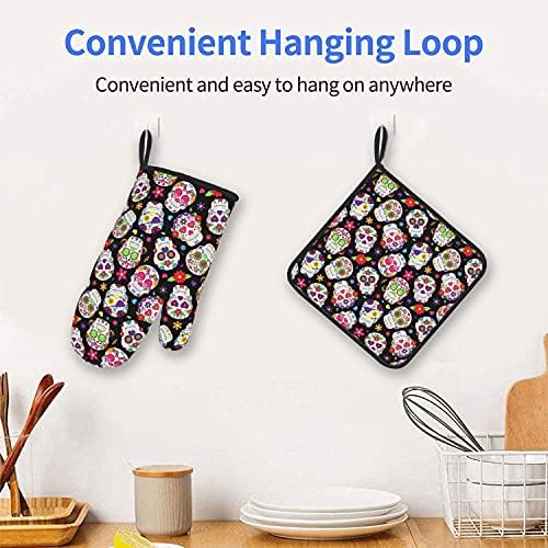 Halloween Day of the Dead Sugar Skull Oven Mitts and Pot Holder Set