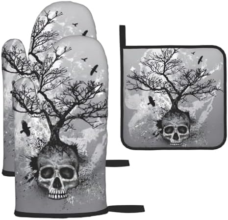 Halloween Skull Oven Mitts and Pot Holders Set Heat-Resistant