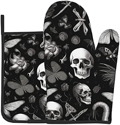 Halloween Black Butterfly Goth Skull Oven Mitts