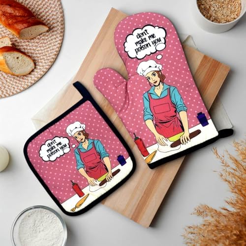 Funny Pink Oven Mitts Pot Holders Set for Cooking
