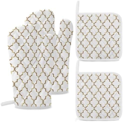 Curdesi Oven Mitts Set Heat Resistant 4PCS with Gold and White Quatrefoil Design