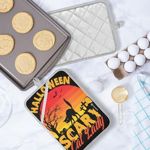 Scary Cat Lady Halloween Potholders with Pockets Non-Slip Kitchen Mat