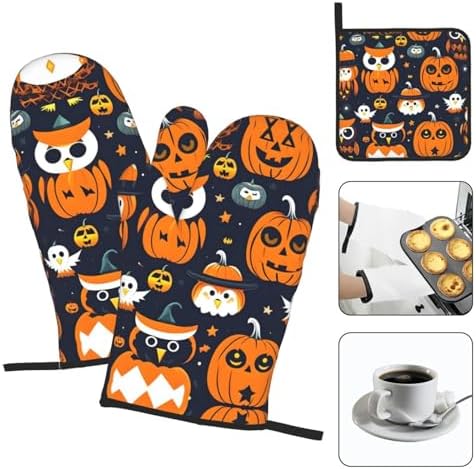 Trick Or Treat Halloween Owl Ghost Pumpkin Oven Mitts - Durable Waterproof Set