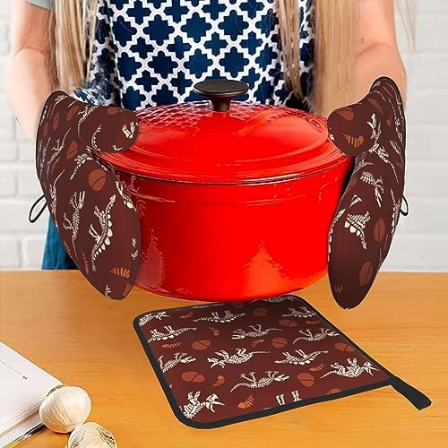 Dinosaur Oven Mitts and Pot Holders Set - Funny Heat Resistant Gloves