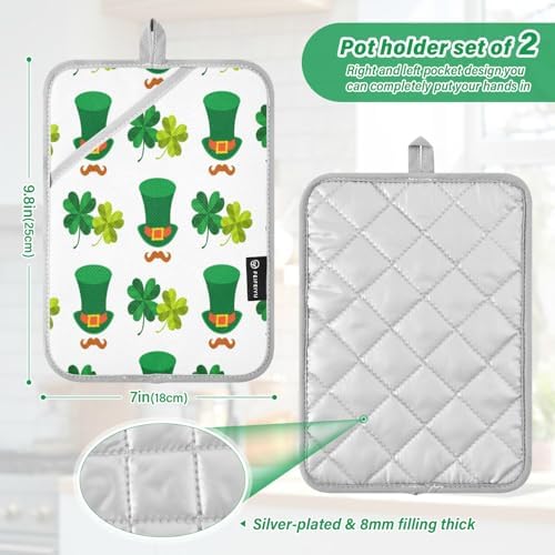 Kcldeci 2Pack Green Hat Four Leaf Clover Heat Resistant Potholders