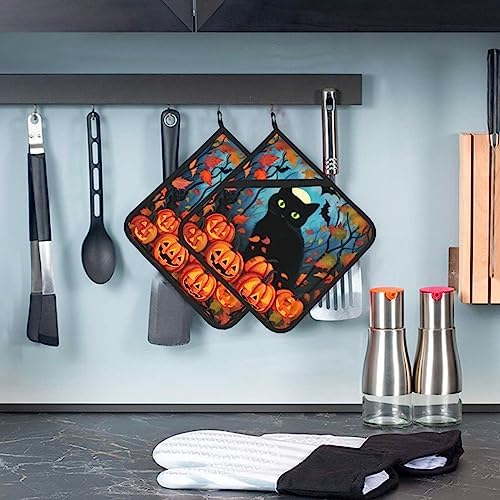 Halloween Black Cat Pumpkin Leave Pot Holder Set