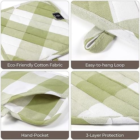 BONTHEE Green Plaid Pot Holders - 2PCS Heat Resistant Kitchen Potholders