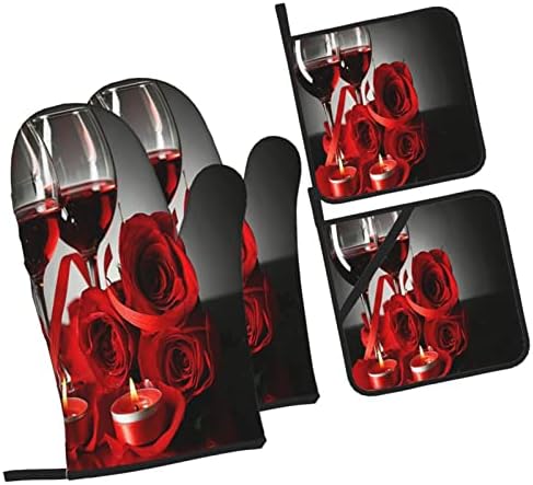 DONMYER Red Rose Oven Mitts and Pot Holders Set of 4