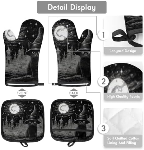 Witch Cat Halloween Oven Mitts Pot Holders Set