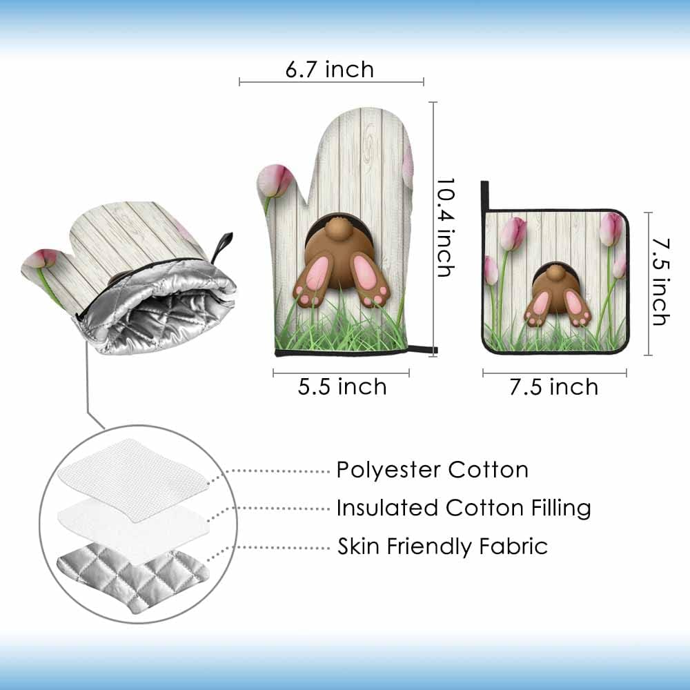 Adorable Brown Bunny Oven Mitts Pot Holder Set for Baking Cooking