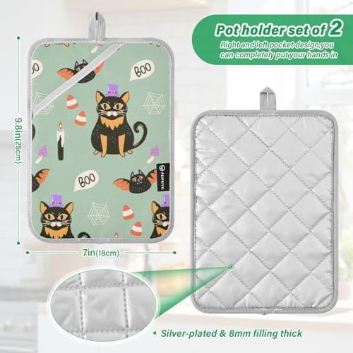 Ourvi 2Pcs Halloween Cute Black Cat Potholders with Pockets Mitts Set