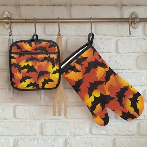 Halloween Bats Oven Mitts and Pot Holder Set