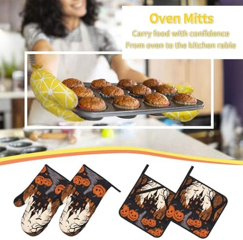 Gothic Halloween Oven Mitts Pot Holders Set 4 Piece Gift for Baking