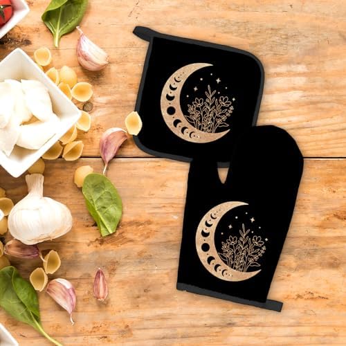 Black Gold Moon Oven Mitts Pot Holders Sets Heat-Resistant Kitchen Accessories