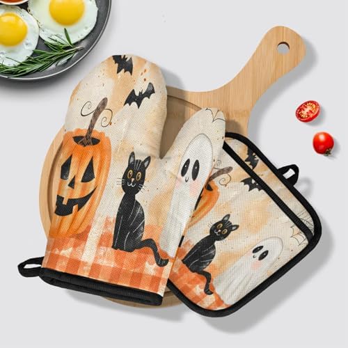 TropicalLife Halloween Black Cat Ghost Oven Mitts and Pot Holders Set