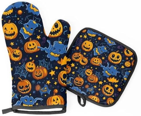 Halloween Heat-Resistant Oven Mitts Pot Holders Set Pumpkin Design
