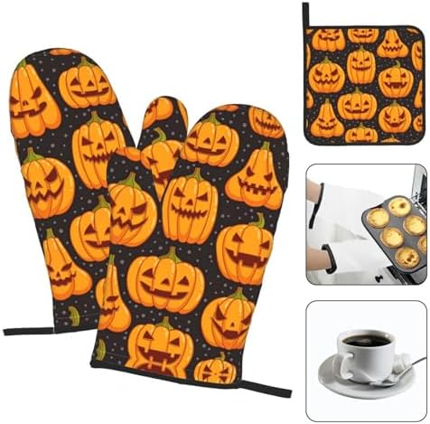 Halloween Pumpkin Patterns Oven Mitts and Pot Holders Heat-Resistant 3-Piece Set