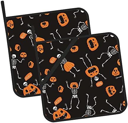Halloween Spooky Skeletons with Pumpkin-Packed Potholders Set of 2 Oven Microwave Resistant