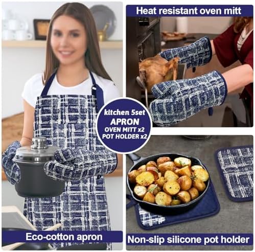 Alselo Oven Mitts and Pot Holders Set of 5 with Cooking Apron Navy