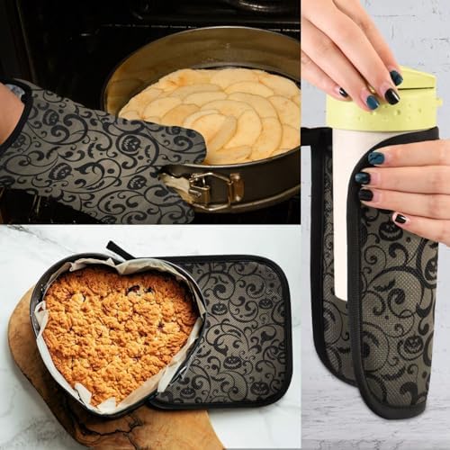 Fygkptb Halloween Black Flowers with Pumpkins Oven Mitts Set