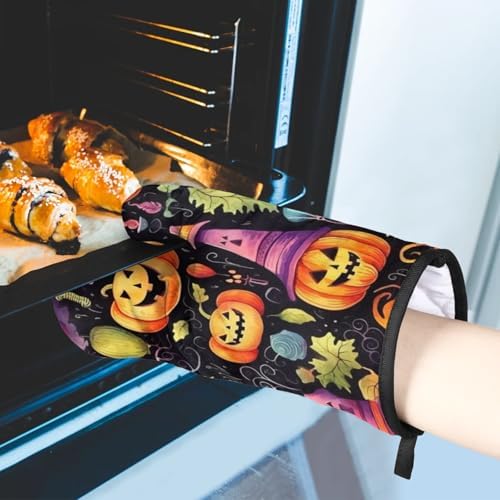 Halloween pumpkin leaves oven mitts and pot holders set