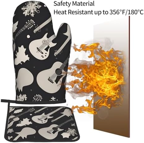 Guitar Pattern Oven Mitts Pot Holders 2-Piece Set