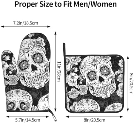 Floral Skull Oven Mitts Set Heat-Resistant Kitchen Potholders