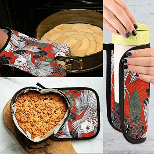 Exnundod Japanese Koi Carp Flowers Oven Mitts and Pot Holder Set