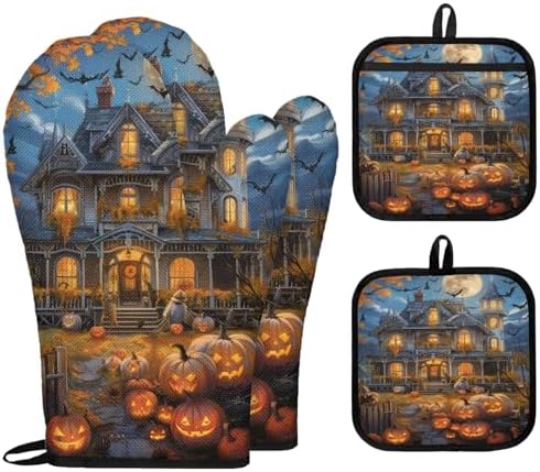 TropicalLife Halloween Pumpkin Moon Oven Mitts and Pot Holders 4Pcs Set
