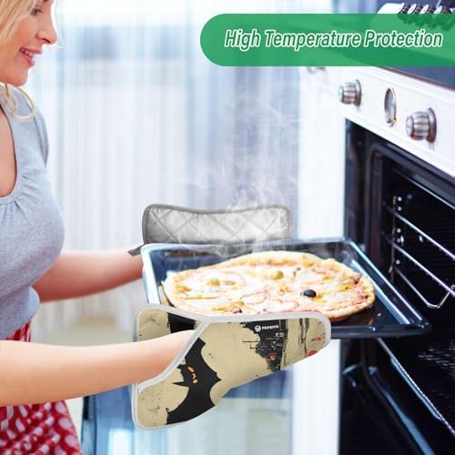 AIXIWAWA Halloween Bat Retro Pot Holders 2-Pack Heat-Resistant Insulated Oven Mitts