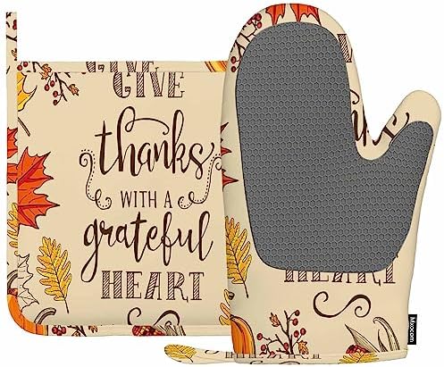 Mxocom Thanksgiving Oven Mitts Pot Holders Set Maple Oak Leaves