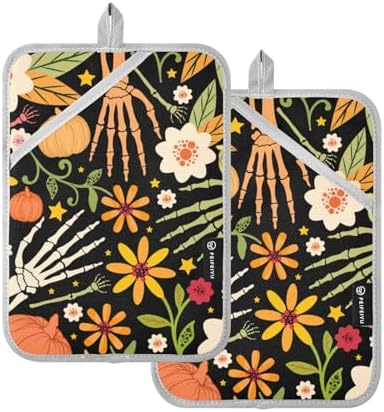 OurVii 2-Piece Halloween Seamless Pattern Bone and Floral Elements Potholders Set