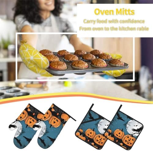 4-Piece Halloween Pumpkin Oven Mitts and Pot Holders Set