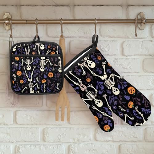 Aglebo Halloween Skull Flowers Oven Mitts Set of 2