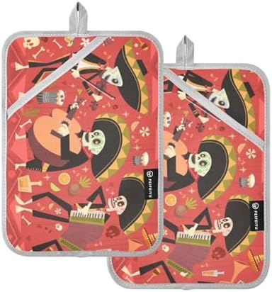 OURVII 2Pcs Day of Dead Pot Holders Set Non-Slip