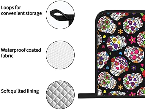 Halloween Day of the Dead Sugar Skull Oven Mitts and Pot Holder Set